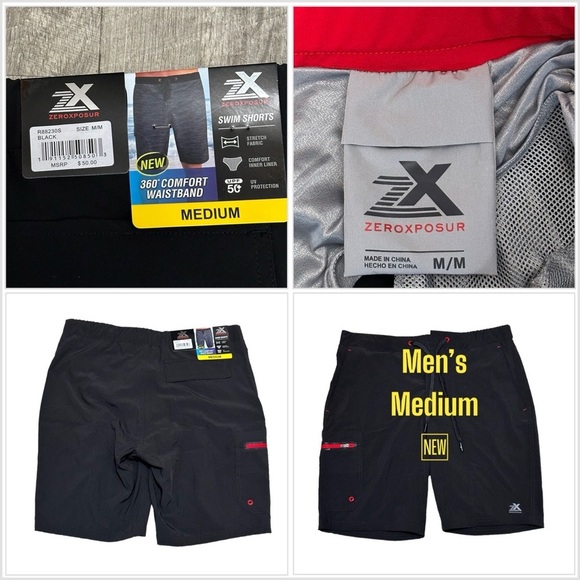 Men's Zeroxposur Medium Swim Drawstring Shorts Trunks Hybrid Black Elastic Waist - Picture 1 of 10